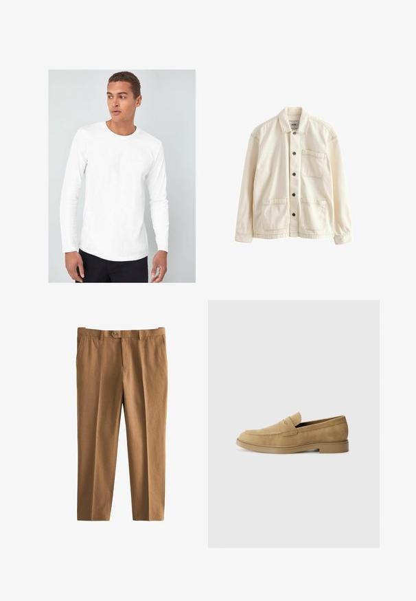 Svetlo béžová bunda vyrobená z plátna. Má zapínanie na gombíky, golier, dve predné vrecká a kontrastné švy. Klasický uvoľnený strih.; Biela košeľa s dlhým rukávom a zaobleným výstrihom, vyrobená z hladkej bavlnenej látky, oblečená modelom na svetlom pozadí.; Hnedé nohavice s textúrovanou tkaninou, voľný strih, jednoposuvný uzáver a pútka na opasok. Obsahuje bočné vrecká a strih s rovnými nohavicami.; Hnedé semišové mokasíny s zaoblenou špičkou, nízkým blokovým podpätkom a prešívaním na hornom diele. Hladká štruktúra a minimalistický dizajn.