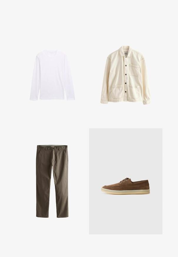 Šviesiai bežinis švarkas, pagamintas iš kanvos. Yra mygtukų užsegimas priekyje, apykaklė, dvi priekinės kišenės ir kontrastingas siūlų siuvimas. Klasikinis laisvas kirpimas.; Balta ilgomis rankovėmis marškinėliai su apvaliu iškirpimu, minkšta medvilnės medžiaga ir paprastas, nepuoštu dizainu. Nėra matomų logotipų ar raštų.; Rudos medvilnės chinos kelnės su tiesiomis kojomis, priekinėmis kišenėmis ir mygtukų uždarymu. Išsiskiria lygiu paviršiumi ir tvarkingais linijomis.; Rudos zomšos batai su žemu profiliu, raišteliais, guminiais padu ir kontrastingomis siūlėmis. Paprastas ir funkcionalus stilius.
