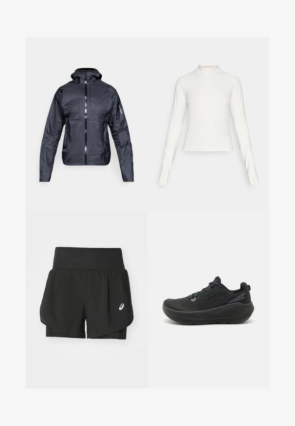 Schwarze leichte Kapuzenjacke mit Frontreißverschluss, Brusttasche und Salomon-Logo am linken Ärmel, auf weißem Hintergrund präsentiert.; Langärmliges weißes Sportoberteil mit Stehkragen und kleinem zentralem Logo auf der Brust, auf einem schlichten Hintergrund präsentiert.; Schwarze Sportshorts mit einem atmungsaktiven Mesh-Overlay, inneren Shorts mit glattem Material und einem weißen Logo auf der linken Seite.; Schwarzer Sportschuh mit einem stromlinienförmigen Design, strukturierter Oberseite mit Netz-Akzenten und einer gepolsterten Sohle für Unterstützung.