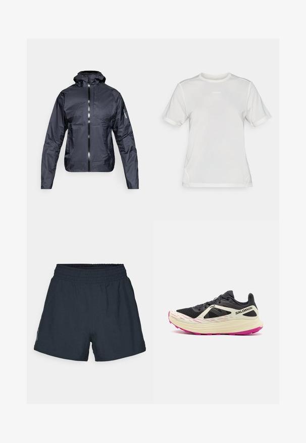 Jachetă ușoară neagră cu glugă, cu fermoar frontal, buzunar pe piept și logo Salomon pe mâneca stângă, expusă pe fundal alb.; Tricou athletic din plasă alb, cu mâneci scurte, guler rotund și mic logo "Salomon" centrat pe piept.; Shorts atletici de culoare bleumarin închis, confecționați dintr-un material ușor. Talie elastică, croi lejer și fără buzunare sau modele vizibile.; Salomon ULTRA FLOW - Pantofi alergare trail - black/transparent yellow/rose violet