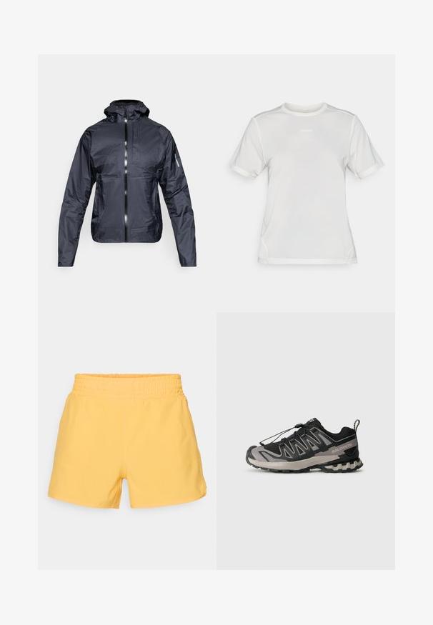 Chaqueta ligera negra con capucha, cierre frontal, bolsillo en el pecho y logo de Salomon en la manga izquierda, mostrada sobre fondo blanco.; Camisa atlética de malla blanca de manga corta con cuello redondo y pequeño logo "Salomon" centrado en el pecho.; Pantalones cortos amarillos con cintura elástica, de textura suave, que presentan un ajuste relajado y un diseño minimalista. No tienen bolsillos ni adornos visibles.; Zapatilla deportiva negra y gris con parte superior de malla, suela de goma y sistema de cordones elásticos. Presenta una puntera reforzada y acentos texturizados.