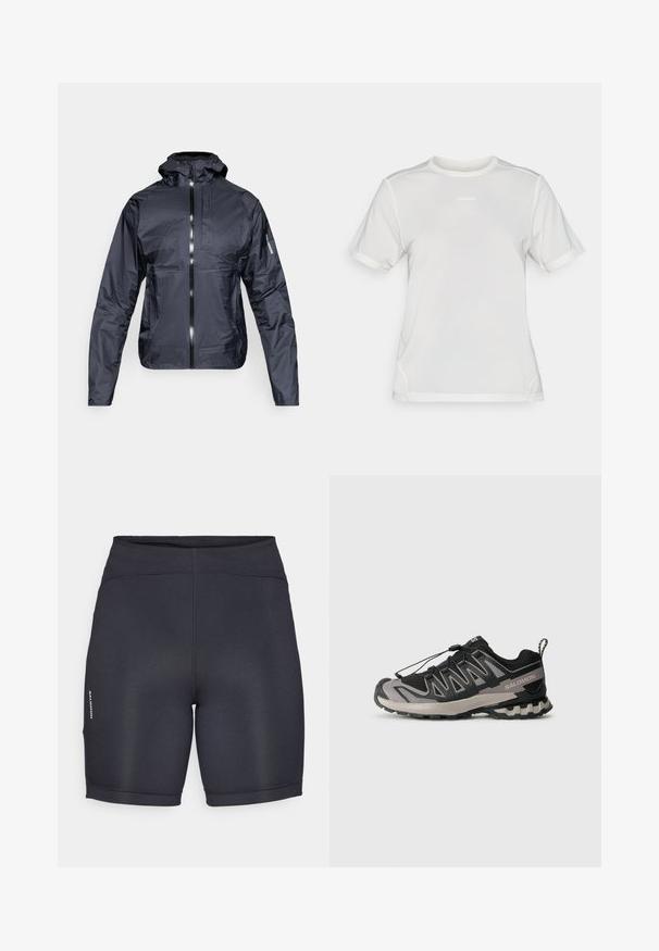 Giacca leggera nera con cappuccio, chiusura anteriore con zipper, tasca sul petto e logo Salomon sulla manica sinistra, esposta su sfondo bianco.; Maglietta sportiva bianca a maniche corte in mesh con collo rotondo e piccolo logo "Salomon" centrato sul petto.; Pantaloni sportivi neri realizzati in un tessuto liscio e elastico. Presentano un'alta vita e dettagli con logo laterale. Design semplice e elegante.; Scarpa sportiva nera e grigia con tomaia in rete, suola in gomma e sistema di lacci elastici. Presenta una punta rinforzata e dettagli testurizzati.