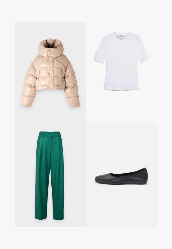 DSQUARED2 ICON PUFFER KABAN - Piumino - beige; T-shirt bianca a maniche corte realizzata in tessuto a costine. Collo rotondo, vestibilità regolare e dettagli di cucitura sottili. Senza motivi o grafiche.; Pantaloni su misura verdi con vita alta, gamba larga, chiusura con un bottone e texture liscia, caratterizzati da pieghe frontali e senza tasche.; Pantofole da balletto nere in pelle con punta arrotondata, texture liscia, dettagli di cucitura minimi e design con suola flessibile.