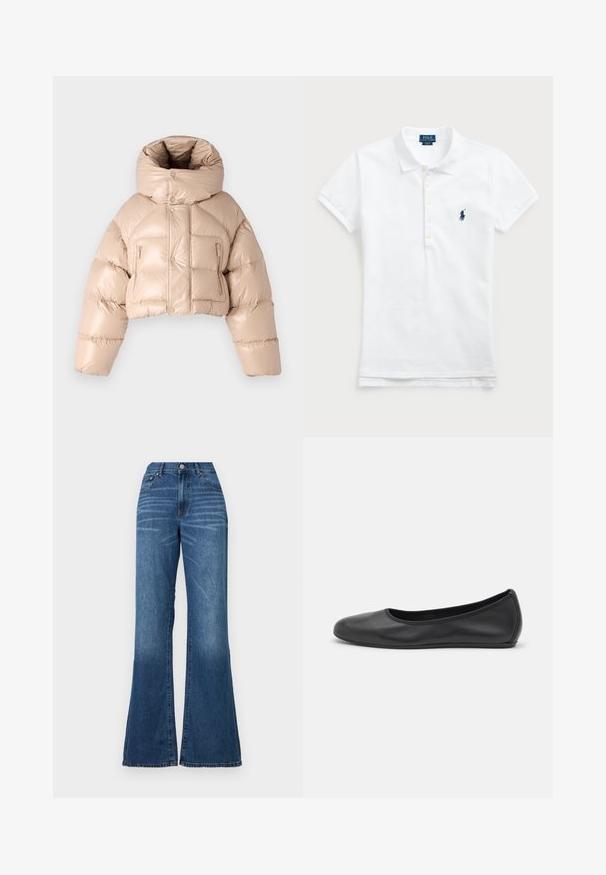 DSQUARED2 ICON PUFFER KABAN - Untuvatakki - beige; Valkoinen puuvillapolo-paita, jossa on klassinen kaulus, lyhyet hihat ja tummansininen brodeerattu logo vasemmassa rinnassa. Viiden napin nappilista.; Vyötäröltä korkeat, medium-wash farkut, joissa on leveä lahje. Edessä napitettava suljenta, ja vähäistä haalistumista. Suora leikkaus reisistä hemmetiin.; Musta nahkainen ballerina, jossa on pyöristetty kärki, sileä pinta, minimaalinen ommelkoristelu ja joustava pohjamuotoilu.