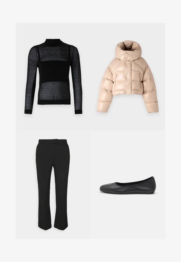 DSQUARED2 ICON PUFFER KABAN - Pūkinė striukė - beige; Juoda ilgomis rankovėmis palaidinė su padirbtu kaklu, turinti permatomus tekstūruotus skyrius, tvirtą apatinę dalį ir priglundančius rankogalius.; Juodos pritaikytos kelnės su tiesiomis kojomis, su diržo kilpos ir šoninėmis kišenėmis. Pagamintos iš lygios medžiagos su švariu apdailu.; Juodai odiniai baletai su apvaliu pirštu, lygi texture, minimalus siuvimo detales ir lanksčiu padų dizainu.