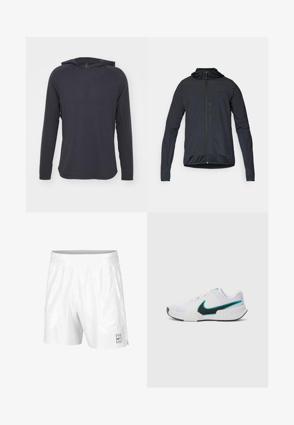 Schwarze leichte Jacke mit langen Ärmeln, einem Reißverschluss vorne, verstellbarer Kapuze und strukturierten Akzenten am Saum und an den Ärmelenden.; Langärmliges Kapuzenshirt in Dunkelgrau, aus leichtem Stoff mit glatter Textur und dezentem horizontalem Rippenmuster.; Weiße Sportshorts aus leichtem Gewebe mit einem elastischen Bund, ausgestattet mit zwei Seitentaschen und einem kleinen schwarzen Logo am Saum.; Weißer Sportschuh mit strukturiertem Mesh-Obermaterial, schwarzer Gummisohle und türkisfarbenem Nike-Swoosh-Akzent. Verfügt über Schnürsenkel und gepolsterten Kragen.