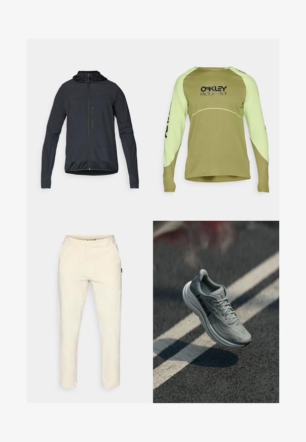 Fekete, könnyű dzseki hosszú ujJAkkal, cipzáras elülső résszel, állítható kapucnival, és struktúrált díszítéssel az alján és az ujjvégeken.; Oakley MAVEN SCRUB - Hosszú ujjú felső - fern; Zsemle színű nadrág sima anyagból, egyenes szárú fazonnal, két oldalzsebbel és egy diszkrét logó címkével az oldalon.; Világosszürke Hoka futócipő a levegőben, egy aszfaltúton, fehér sávjelzésekkel és apró földdarabokkal.