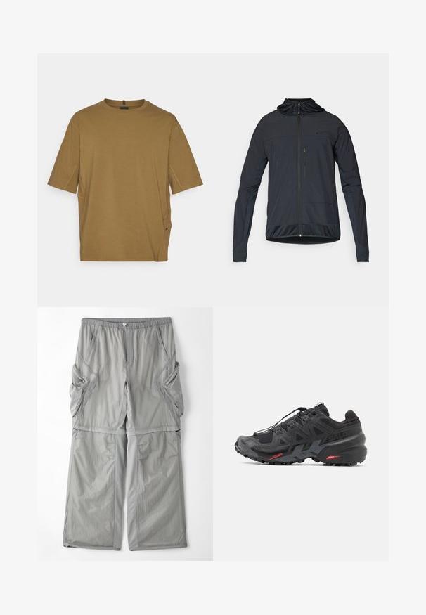 Veste légère noire avec manches longues, fermeture éclair à l'avant, capuche ajustable et accents texturés en bas et aux extrémités des manches.; T-shirt à manches courtes, marron, fabriqué en tissu doux, avec un col rond et des fentes sur les côtés pour un plus grand confort. Design simple et sans ornements.; Pantalons en tissu léger et respirant de couleur gris clair avec une taille élastique, des poches latérales et un passepoil gris contrastant le long des coutures. Design à coupe ample.; Baskets de running noires avec tige en synthétique, design texturé et accents rouges contrastants. Équipées d'un système de laçage sécurisé et d'une semelle extérieure robuste.