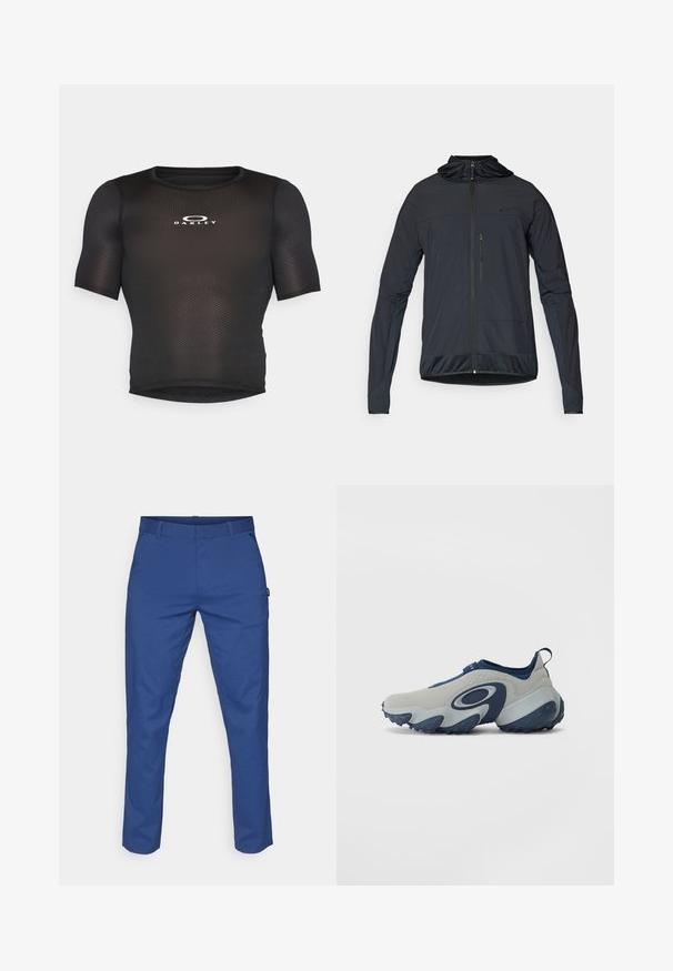Črna lahka jakna z dolgimi rokavi, z zadrgo spredaj, prilagodljivo kapuco ter teksturiranimi detajli na dnu in ob koncu rokavov.; Črna kratkosleeve športna majica iz mrežnega materiala. Ima okroglo izrez in bel logo "Oakley" spredaj.; Modre hlače iz gladkega materiala, s krojem ravne linije, dvema stranskima žepoma in zankami za pas. Brez vidnih vzorcev ali kovinskih detajlov.; Čevlji z ultravihano sivo zgornjim delom in mornarskimi akcenti, imajo ukrivljen dizajn, gladko teksturo in debel podplat s profilirano modro gumijasto površino.