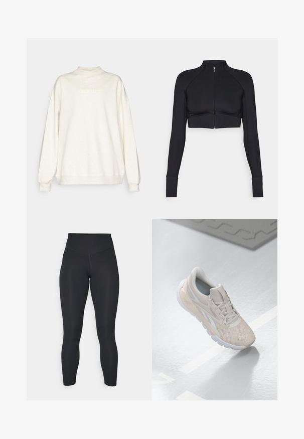 Black cropped jacket made of stretchy material, featuring a high collar, long sleeves, full front zipper, and flat seams.; Cream-colored sweatshirt with a mock neckline, dropped shoulders, and long sleeves. Features the word "Fabletics" in light text on the front.; Black leggings with a high waist, smooth texture, and fitted design. Features flat seams and full-length coverage with no patterns.; Light beige athletic shoe with a perforated upper, textured accents, padded collar, and white rubber sole, designed for comfort and breathability.