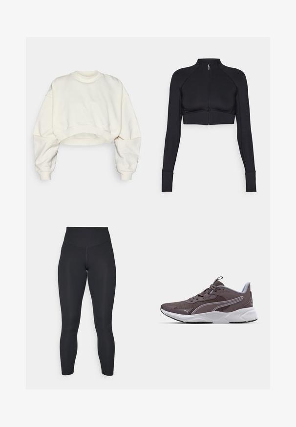 Melna īsā jaka, kas izgatavota no elastīga materiāla, ar augstu apkakli, garām piedurknēm, pilnu priekšējo rāvējslēdzēju un plakaniem šuvēm.; Savienota sporta krekls off-white krāsā, ar ribota kakla izgriezumu, nolaižamām plecu šuvēm un elastīgu apakšmalu. Gluda tekstūra un minimālists dizains.; Melnas legingu bikses ar augstu jostasvietu, gludu tekstūru un pielāgotu dizainu. Iezīmē platas šuves un pilna garuma pārklājumu bez rakstiem.; Pelēkie sporta apavi ar sietu augšdaļu, balto zoli un kontrastējošām akcentiem. Ietver auklu sistēmu un teksturētu virsmu labai saķerei.