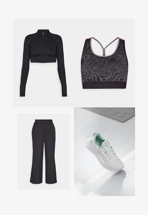 Black cropped jacket made of stretchy material, featuring a high collar, long sleeves, full front zipper, and flat seams.; Black sports bra with gray swirling pattern, featuring a scoop neckline and racerback design. Made of textured knit fabric.; Black wide-leg pants with an elastic waistband, two side pockets, and a smooth, lightweight texture. Simple design, no visible patterns.; Light gray athletic shoe with a textured knit upper, mint green accents, white laces, rubber sole, and pull tab at the heel.