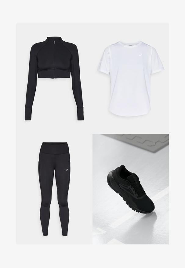 Veste noire courte en matériau extensible, avec un col haut, des manches longues, une fermeture éclair frontale intégrale et des coutures plates.; T-shirt de sport blanc, à manches courtes, col rond, fabriqué en tissu technique évacuant l'humidité, avec un petit logo sur la poitrine, texture légère.; Leggings noirs avec une taille haute, fabriqués en matériau lisse et extensible. Présentent un logo discret sur la cuisse et des poches latérales.; Chaussure de sport noire avec une tige en mesh, bout rond, semelle rembourrée et accents texturés, posée sur une surface blanche lisse.