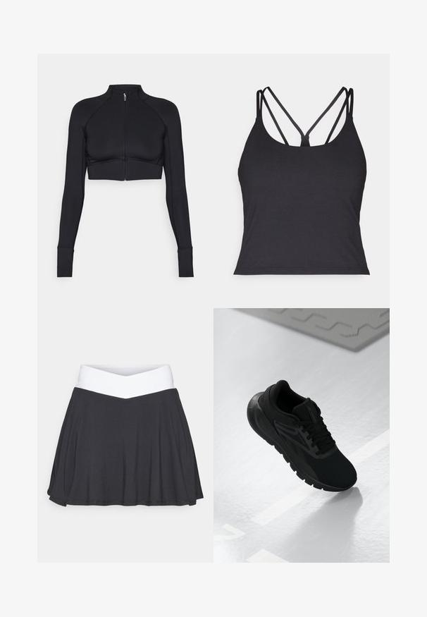 Svart cropped jakke laget av elastisk materiale, med høy krage, lange ermer, hel glidelås foran og flate sømmer.; Svart tank topp med tynne stropper og et kryssdesign på baksiden. Laget av mykt, elastisk materiale med en tettsittende silhuett.; Svart skort med en hvit crossover midjebånd. Laget av myk, elastisk stoff, med en utskjært design og en glatt tekstur.; Sorte treningssko med mesh-overdel, rund tå, polstret såle og teksturerte detaljer, plassert på en glatt hvit overflate.