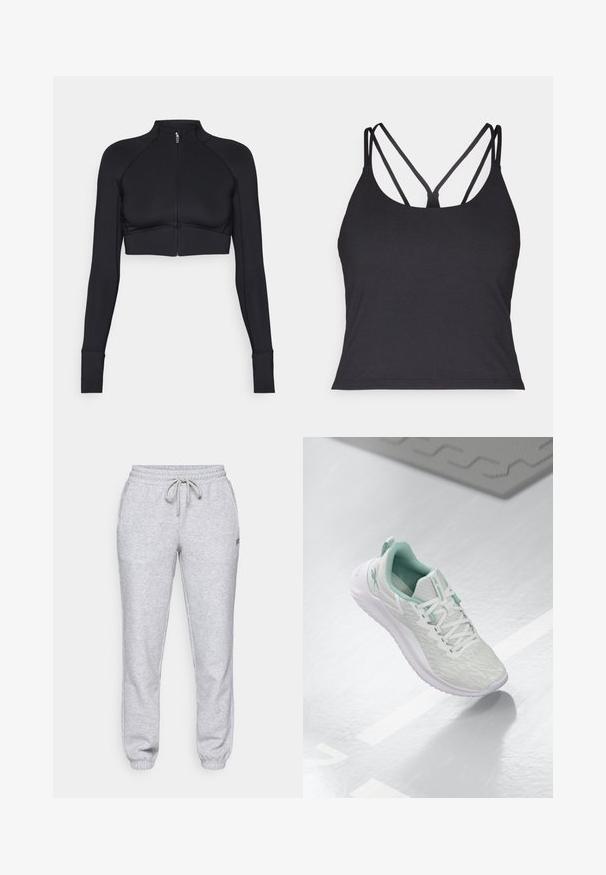 Black cropped jacket made of stretchy material, featuring a high collar, long sleeves, full front zipper, and flat seams.; Black tank top featuring thin straps with a crisscross design at the back. Made from soft, stretchy material with a fitted silhouette.; Light gray sweatpants with an elastic waistband and drawstring, cuffed ankles, and a small logo on the left thigh. Made from soft fabric.; Light gray athletic shoe with a textured knit upper, mint green accents, white laces, rubber sole, and pull tab at the heel.
