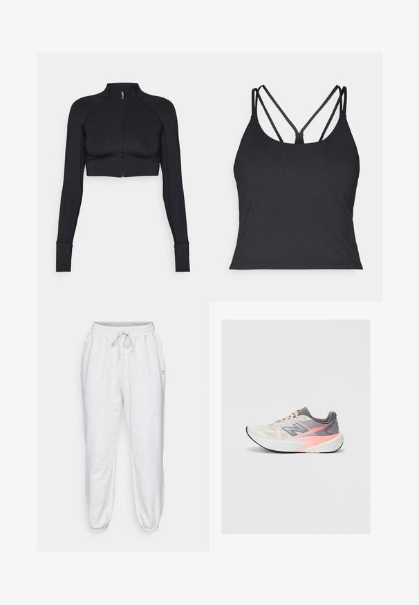 Chaqueta corta negra hecha de material elástico, con cuello alto, mangas largas, cremallera frontal completa y costuras planas.; Top negro sin mangas con tirantes finos y un diseño entrecruzado en la parte posterior. Confeccionado en un material suave y elástico con una silueta ajustada.; Pantalones jogger de color gris claro, fabricados en un tejido suave, con cintura elástica, cordón ajustable y puños ceñidos, además de bolsillos laterales.; Zapatilla de running de New Balance en gris claro y rosa con suela blanca gruesa y suela negra, vista lateral sobre fondo liso.