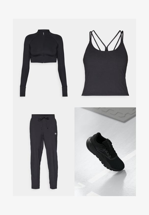 Černá zkrácená bunda vyrobená z elastického materiálu, s vysokým límcem, dlouhými rukávy, celoplošným zipem a plochými švy.; Černé tílko s tenkými ramínky a křížovým designem na zádech. Vyrobeno z měkkého, elastického materiálu s přiléhavým střihem.; Černé sportovní kalhoty vyrobené z lehkého materiálu s elastickým pasem a nastavitelným stahováním. Na boku se nachází malé logo.; Černá sportovní obuv s prodyšným svrškem, kulatou špičkou, polstrovanou podrážkou a strukturovanými detaily, umístěná na hladkém bílém povrchu.