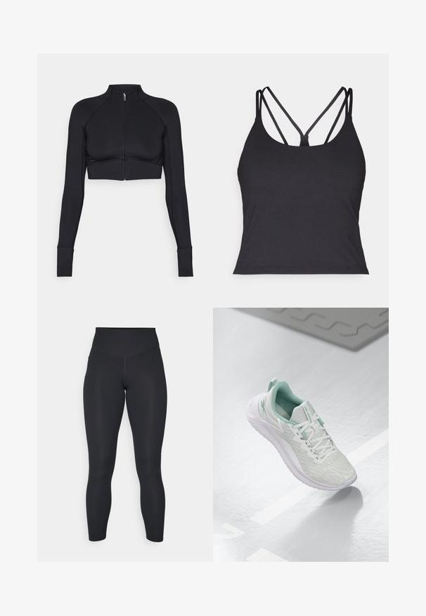 Veste noire courte en matériau extensible, avec un col haut, des manches longues, une fermeture éclair frontale intégrale et des coutures plates.; Débardeur noir avec de fines bretelles et un design croisé dans le dos. Fabriqué en matériau doux et extensible avec une silhouette ajustée.; Leggings noirs à taille haute, texture douce et coupe ajustée. Présentent des coutures plates et une couverture intégrale sans motifs.; Baskets de sport gris clair avec un dessus en maille texturée, accents vert menthe, lacets blancs, semelle en caoutchouc et une languette au talon.