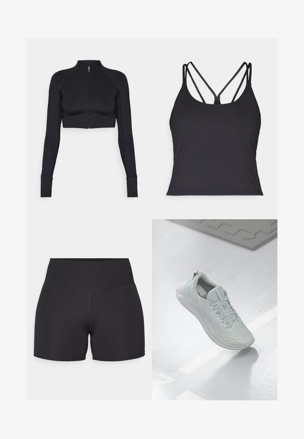 Black cropped jacket made of stretchy material, featuring a high collar, long sleeves, full front zipper, and flat seams.; Black tank top featuring thin straps with a crisscross design at the back. Made from soft, stretchy material with a fitted silhouette.; Black athletic shorts with a high waistband, made from stretchy material. Features flat seams and a smooth texture for comfort.; Light gray athletic shoe with a textured mesh upper, lace-up design, cushioned sole, and minimal branding detail.