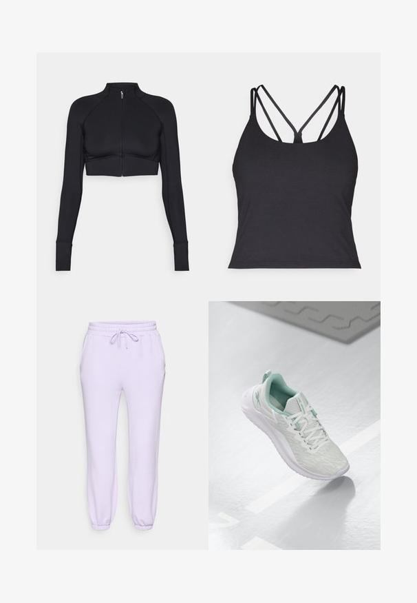 Schwarze, verkürzte Jacke aus elastischem Material, mit hohem Kragen, langen Ärmeln, vollem Reißverschluss und flachen Nähten.; Schwarzes Tanktop mit dünnen Trägern und einem überkreuzten Design auf der Rückseite. Hergestellt aus weichem, dehnbarem Material mit einer figurbetonten Silhouette.; Lavendel Sweatpants mit einem elastischen Bund und Kordelzug, Seitentaschen und schmal zulaufenden Bündchen an den Knöcheln. Weicher, glatter Stoff.; Hellgraue Sportchuhe mit einem strukturierten Strickoberteil, mintgrünen Akzenten, weißen Schnürsenkeln, Gummisohle und einer Schlaufe an der Ferse.