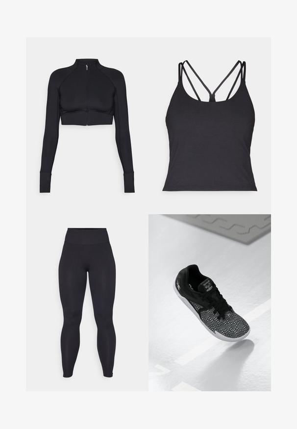 Zwarte cropped jack van rekbaar materiaal, met een hoge kraag, lange mouwen, volledige ritssluiting aan de voorkant en platte naden.; Zwarte tanktop met dunne bandjes en een kruisontwerp op de rug. Gemaakt van zachte, rekbare stof met een aansluitende pasvorm.; Zwarte high-waisted leggings van rekbaar materiaal met een zachte textuur. Het ontwerp is figuurvolgend en naadloos, zonder zichtbare logo's of patronen.; Zwarte sportschoen met een gestructureerde, geplaatste mesh bovenkant, zwarte veters en een witte zool. Bevat Reebok-branding op de tong en de zijkant.