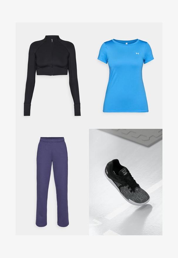 Svart cropped jakke laget av elastisk materiale, med høy krage, lange ermer, hel glidelås foran og flate sømmer.; Blå kortermet treningsskjorte med rund hals og liten hvit Under Armour-logo på øvre bryst.; Lilla joggebukser med elastisk midje, rette ben og myk bomullsblanding. Ingen synlige mønstre eller hardware-detaljer.; Svart atletisk sko med teksturert, mønstret mesh-overdel, svarte lisser og hvit såle. Har Reebok-logo på tungen og siden.