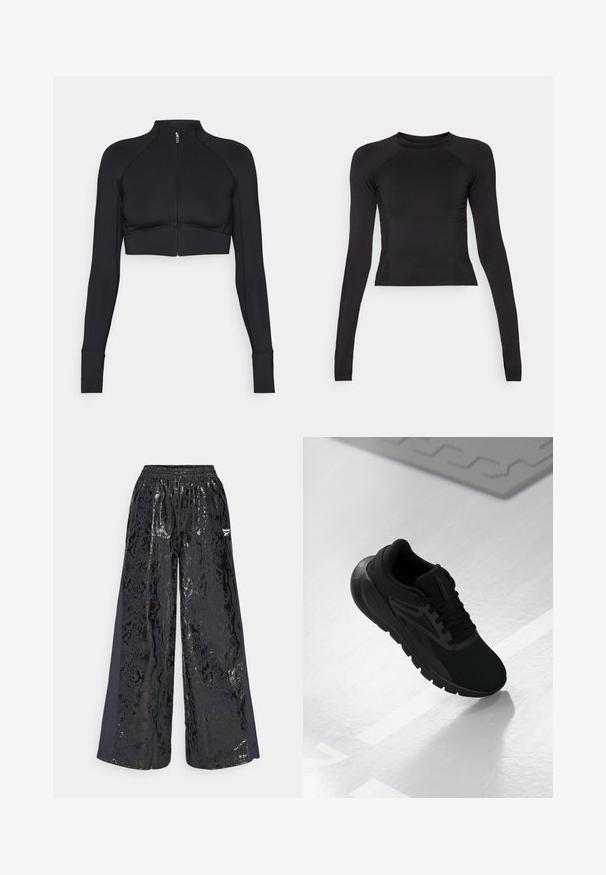 Melna īsā jaka, kas izgatavota no elastīga materiāla, ar augstu apkakli, garām piedurknēm, pilnu priekšējo rāvējslēdzēju un plakaniem šuvēm.; Melna garo piedurkņu crop top blūze, izgatavota no elastīga auduma, ar apaļu kakla izgriezumu un raglan piedurknēm, kurām ir nemanāma šuvju detaļas.; Melni platie bikses ar spīdīgu čūsku ādas rakstu un teksturētu apdari. Elastīga josta, sānu paneļi no viendabīgas tumšas auduma.; Melna sporta apava, kas veidota ar sietu augšdaļu, apaļu pirkstu daļu, mīkstu zoli un teksturētām akcentiem, novietota uz gludas baltas virsmas.