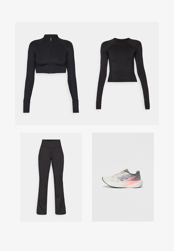 Čierna skrátená bunda vyrobená z elastického materiálu, s vysokým golierom, dlhými rukávmi, celoplošným zipsom a plochými švami.; Čierny dlhý rukáv crop top vyrobený z elastického materiálu, s okrúhlym výstrihom a raglánovými rukávmi so jemnými švom.; Čierne rozšírené jogové nohavice vyrobené z elastického materiálu. Vysoký pás, hladká textura a žiadne viditeľné vzory ani kovové detaily.; Svetlošedá a ružová bežecká obuv New Balance s hrubou bielou podrážkou a čiernou vonkajšou podrážkou, bočný pohľad na jednofarebnom pozadí.