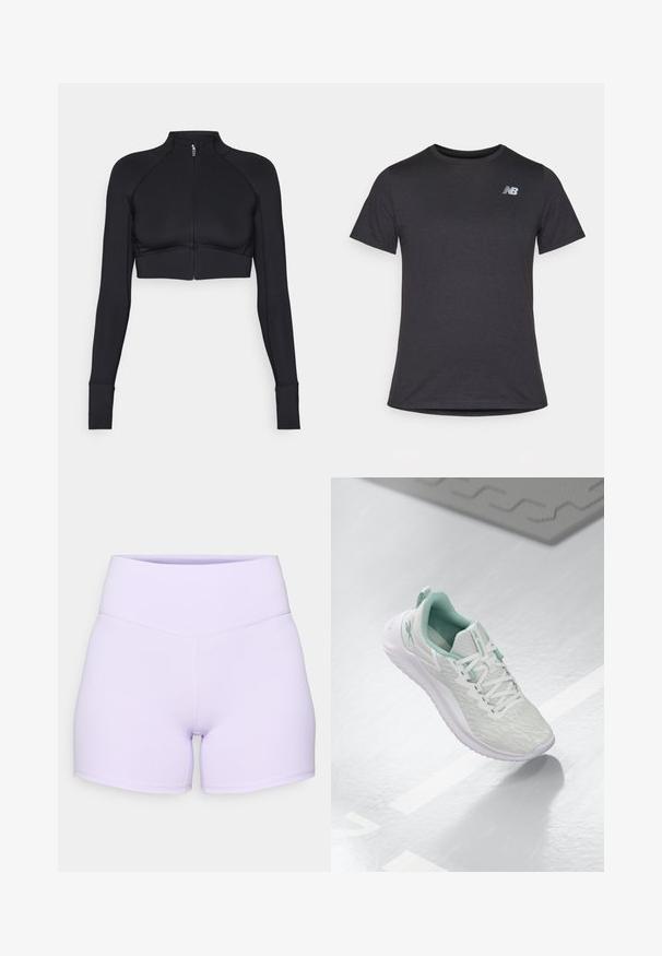 Črna skrajšana jakna iz raztegljivega materiala, z visokim ovratnikom, dolgimi rokavi, polnim zadrgo na sprednji strani in ravnimi šivi.; Črna majica s kratkimi rokavi iz mehkega blaga, z majhnim sivim logotipom New Balance na zgornjem levem prsnem delu, klasična zasnova okroglega izreza.; Lila visoko pasu kratke hlače iz raztegljive tkanine. Imajo ploske šive in prilegajoč dizajn z gladko teksturo.; Svetlo sivi športni čevelj z teksturiranim pletenim zgornjim delom, zelenimi poudarki, belimi vezalkami, gumijastim podplatom in zankico na peti.