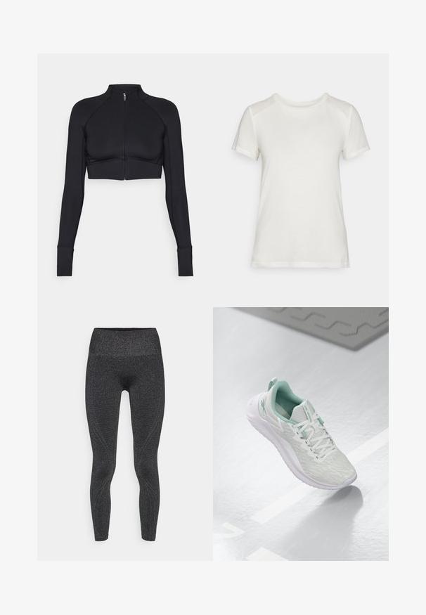 Melna īsā jaka, kas izgatavota no elastīga materiāla, ar augstu apkakli, garām piedurknēm, pilnu priekšējo rāvējslēdzēju un plakaniem šuvēm.; Balta īsām piedurknēm T-krekls, kas izgatavots no mīkstas auduma, ar apaļu kakla izgriezumu un brīvu piegriezumu, ar gludām, bezšuvju plecu akcentiem.; Melni legingi ar spīdīgu, teksturētu virsmu, augstu jostasvīru un konturētām šuvēm, kas nodrošina piegulošu dizainu. Piemēroti aktīvai valkāšanai.; Gaišpelēka sporta apava ar teksturētu trikotāžas augšu, mentolzaļiem akcentiem, baltām šņorēm, gumijas zoli un cilpu uz papēža.