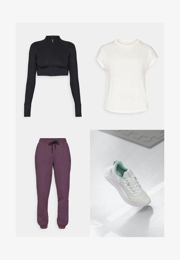 Schwarze, verkürzte Jacke aus elastischem Material, mit hohem Kragen, langen Ärmeln, vollem Reißverschluss und flachen Nähten.; Weißes T-Shirt mit kurzen Ärmeln, das ein strukturiertes Blumenmuster, einen runden Halsausschnitt und einen lässigen Schnitt aufweist. Hergestellt aus weichem, leichtem Stoff.; Fabletics COZY GO TO SWEATPANT - Jogginghose - deep plum; Hellgraue Sportchuhe mit einem strukturierten Strickoberteil, mintgrünen Akzenten, weißen Schnürsenkeln, Gummisohle und einer Schlaufe an der Ferse.