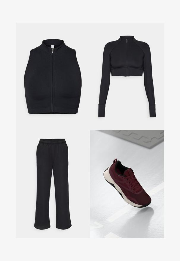 Schwarze, verkürzte Jacke aus elastischem Material, mit hohem Kragen, langen Ärmeln, vollem Reißverschluss und flachen Nähten.; Schwarzes Sport-Crop-Top mit hohem Kragen und Frontreißverschluss. Hergestellt aus dehnbarem Stoff mit glatter Textur und minimalen Nähten.; Schwarze Sweatpants mit einem ausgestellten Schnitt, elastischem Bund und seitlichen Taschen. Aus weichem Stoff ohne sichtbare Muster oder Akzente gefertigt.; Maroon Sport-Schuh mit Mesh-Obermaterial, schwarzen Akzenten und einer gepolsterten weißen Sohle. Verfügt über Schnürverschluss und Lasche an der Ferse.
