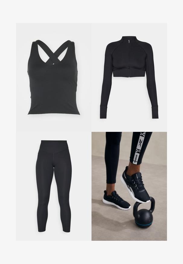 Melna īsā jaka, kas izgatavota no elastīga materiāla, ar augstu apkakli, garām piedurknēm, pilnu priekšējo rāvējslēdzēju un plakaniem šuvēm.; Melna bezdelīga krekla ar apaļu izgriezumu un krusteniskām siksnām aizmugurē. Izgatavots no gludas auduma ar pieguļošu siluetu un bez redzamām rotājumiem.; Melnas legingu bikses ar augstu jostasvietu, gludu tekstūru un pielāgotu dizainu. Iezīmē platas šuves un pilna garuma pārklājumu bez rakstiem.; Melni sporta apavi ar struktūrētu augšdaļu, balto zoli un pelēkiem akcentiem, novietoti uz melna kettlebella ar zilā svītru, uz neitrāla fona.