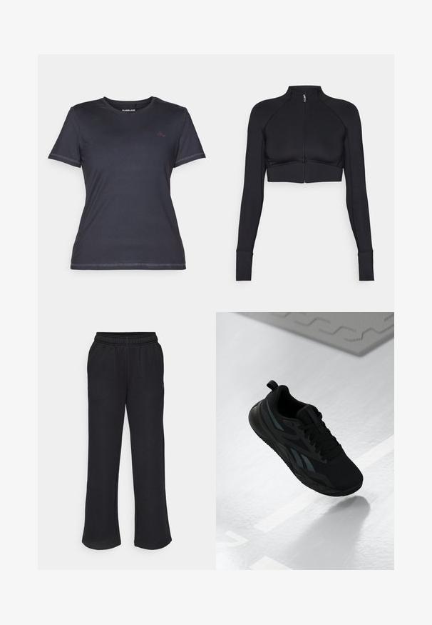 Black cropped jacket made of stretchy material, featuring a high collar, long sleeves, full front zipper, and flat seams.; Short-sleeve, crew-neck t-shirt in dark navy with a smooth texture and contrasting pink logo accent on the chest.; Black sweatpants with a flared shape, elastic waistband, and side pockets. Made from soft fabric with no visible patterns or accents.; Black athletic shoe with a mesh upper, featuring textured accents and a flat sole shape. Includes tonal branding and a pull tab at the heel.