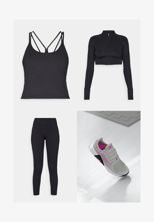 Crna skraćena jakna od rastezljivog materijala, s visokim ovratnikom, dugim rukavima, punim prednjim patentnim zatvaračem i ravnim šavovima.; Crni top bez rukava s tankim trakama i dizajnom u obliku križa na leđima. Izrađen od mekanog, rastezljivog materijala s prilagođenim krojem.; Crne tajice visokog struka napravljene od rastezljivog materijala, s glatkom teksturom i uskim dizajnom koji se proteže do gležnjeva.; Sive i ružičaste Reebok atletske tenisice s gornjim dijelom od mrežaste tkanine i detaljnim potplatom, prikazane na reflektirajućoj bijeloj površini.