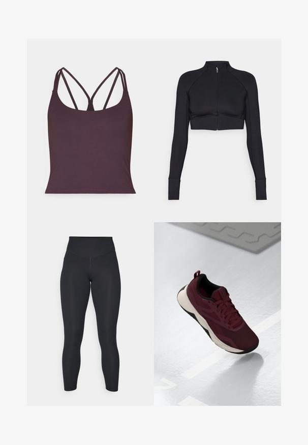 Juoda trumpa striukė, pagaminta iš tamprių medžiagų, su aukštu apykaklės, ilgomis rankovėmis, užtrauktuku priekyje ir lygiomis siūlėmis.; Tamsiai violetinis belekas, pagamintas iš švelnaus audinio, su plonais dvigubais petnešomis ir apvaliu iškirpimu. Be siūlių apatinėje dalyje.; Juodos leggingai su aukštu liemeniu, lygaus paviršiaus ir prigludusia forma. turi plokščias siūles ir pilną ilgį be raštų.; Burgundi spalvos sportiniai bateliai su tinklelio viršumi, juodais akcentais ir paminkštintu baltu padu. Turintys raištelių uždarymą ir pakėlimo juostelę ant kulno.