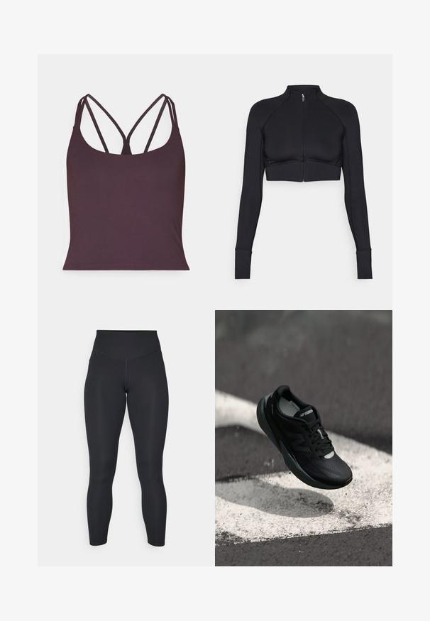 Melna īsā jaka, kas izgatavota no elastīga materiāla, ar augstu apkakli, garām piedurknēm, pilnu priekšējo rāvējslēdzēju un plakaniem šuvēm.; Tumši purpura krāsas topiņš ar gludu audumu, kas aprīkots ar plānām dubultām siksniņām un noapaļotu kakla izgriezumu. Apakšējā mala ir bezšuvju.; Melnas legingu bikses ar augstu jostasvietu, gludu tekstūru un pielāgotu dizainu. Iezīmē platas šuves un pilna garuma pārklājumu bez rakstiem.; Melnas skriešanas kurpes ar teksturētu augšdaļu, glītu dizainu un atstarojošiem akcentiem. Iekļauj mīkstu, spilventiņu zoli komfortam.