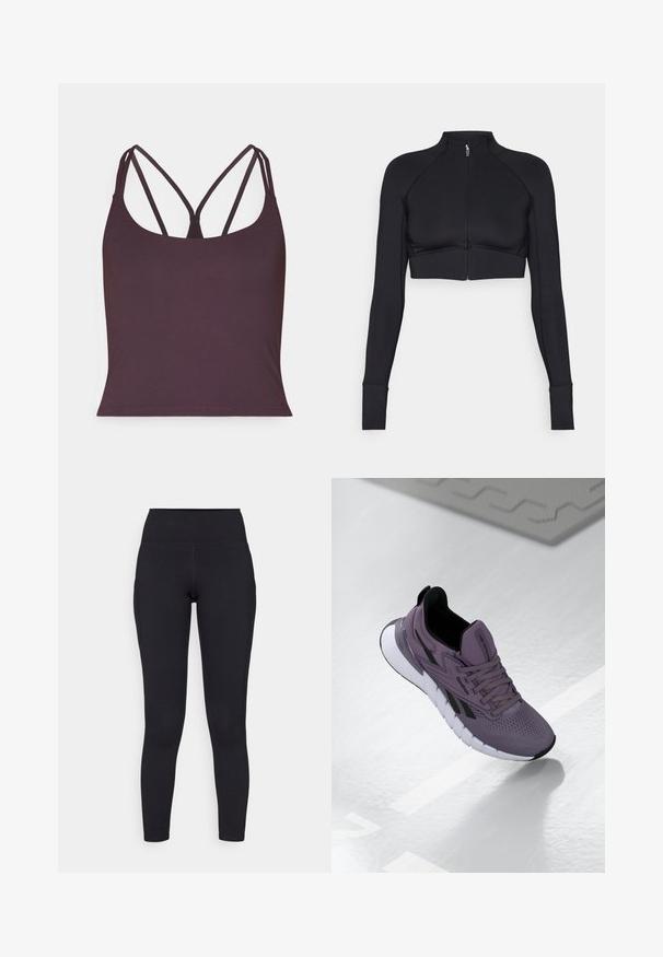 Zwarte cropped jack van rekbaar materiaal, met een hoge kraag, lange mouwen, volledige ritssluiting aan de voorkant en platte naden.; Donkergpaarse tanktop van gladde stof met dunne dubbele bandjes en een ronde halslijn. Naadloze zoom aan de onderkant.; Zwarte high-waisted legging gemaakt van rekbaar materiaal, met een gladde textuur en een aansluitend ontwerp dat tot aan de enkels reikt.; Paarse sportschoen met een ademend mesh bovenwerk, zwarte accenten en een witte flexibele zool met uitgesproken groeven voor grip.