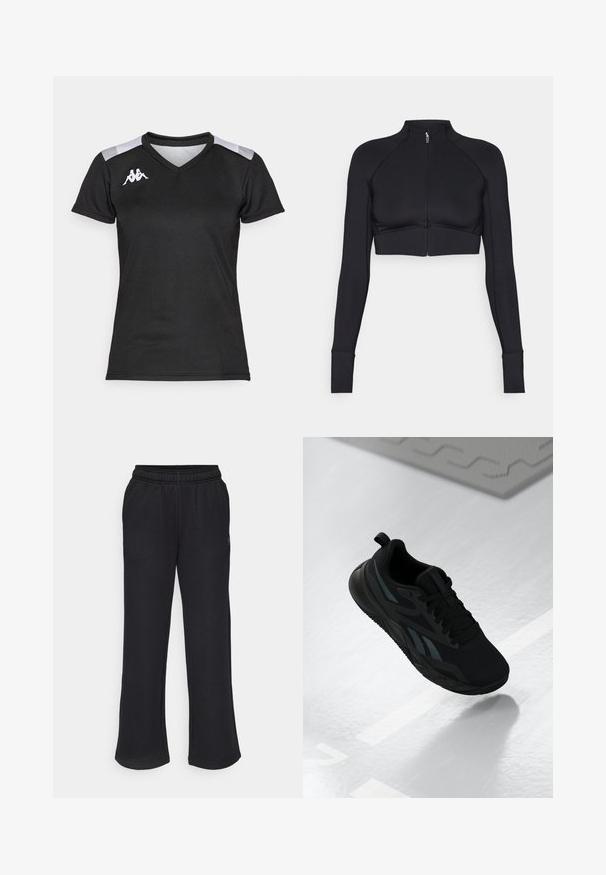 Mustat lyhyet takit, jotka on valmistettu joustavasta materiaalista, korkea kaulus, pitkät hihat, vetoketju edessä ja tasotikkaukset.; Musta urheilupaita lyhyillä hihoilla. V-pääntie, harmaita olkaaccentteja ja valkoinen logo vasemmassa rinnassa. Sujuva tuntuma.; Mustat verkkarit, joissa on levenevä muoto, joustava vyötärö ja sivutaskut. Valmistettu pehmeästä kankaasta, jossa ei ole näkyviä kuvioita tai yksityiskohtia.; Musta urheilukenkä, jossa on verkkokangas, ja siinä on tekstuuriakcentteja sekä tasainen pohjamuoto. Sisältää tonalisointibrändin ja vetolenkin kantapäässä.