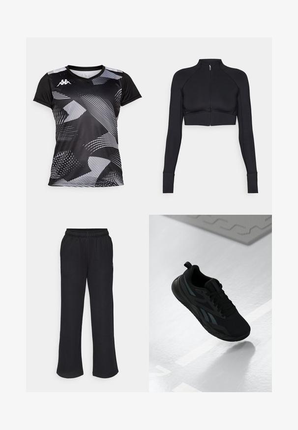 Jaqueta curta preta feita de material elástico, apresentando um colarinho alto, mangas longas, fecho frontal completo e costuras planas.; Camisola atlética preta com padrões abstratos em cinza. Apresenta mangas curtas e decote em V. Feita de material leve e respirável.; Mangas de desporto pretas com uma forma ampla, cintura elástica e bolsos laterais. Feitas de um tecido macio, sem padrões ou detalhes visíveis.; Sapatilha atlética preta com parte superior em malha, apresentando detalhes texturizados e um formato de sola plana. Inclui logotipo tonal e uma aba de puxar no calcanhar.