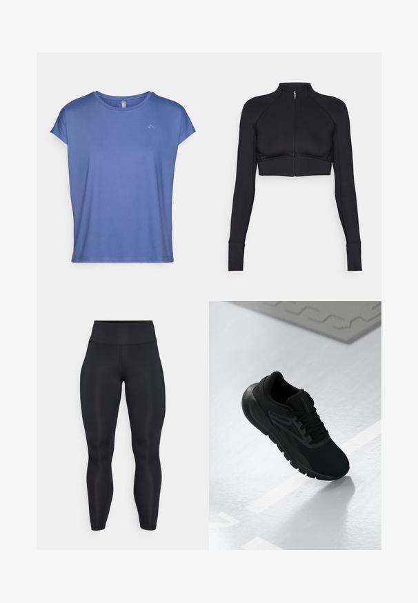 Črna skrajšana jakna iz raztegljivega materiala, z visokim ovratnikom, dolgimi rokavi, polnim zadrgo na sprednji strani in ravnimi šivi.; Kratkoročni majica s krojem okroglega vratu v svetlo modri barvi, izdelana iz gladkega materiala. Ima subtilen logo na prsih ter sproščen, ohlapen kroj.; Črne legice visokega pasu, polne dolžine, z gladkim materialom in vidnimi šivi na sprednjem delu ter pasu.; Črne športne čevlje z mrežasto zgornjim delom, okroglo konico, oblazinjenim podplatom in teksturiranimi detajli, postavljeni na gladko belo površino.