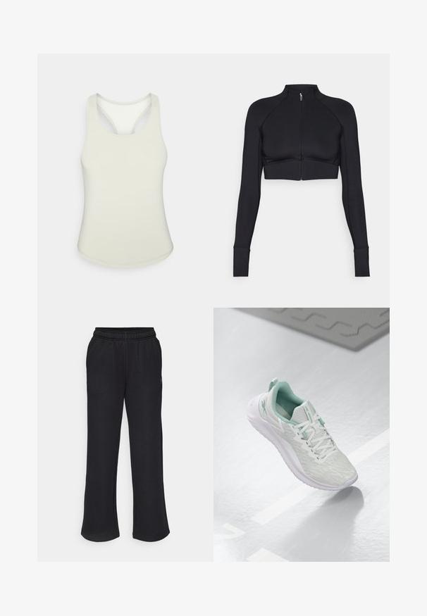 Schwarze, verkürzte Jacke aus elastischem Material, mit hohem Kragen, langen Ärmeln, vollem Reißverschluss und flachen Nähten.; Helles grünes Sporttanktop mit rundem Ausschnitt und Racerback-Design. Hergestellt aus glattem Stretchstoff. Keine sichtbaren Muster oder Akzente.; Schwarze Sweatpants mit einem ausgestellten Schnitt, elastischem Bund und seitlichen Taschen. Aus weichem Stoff ohne sichtbare Muster oder Akzente gefertigt.; Hellgraue Sportchuhe mit einem strukturierten Strickoberteil, mintgrünen Akzenten, weißen Schnürsenkeln, Gummisohle und einer Schlaufe an der Ferse.