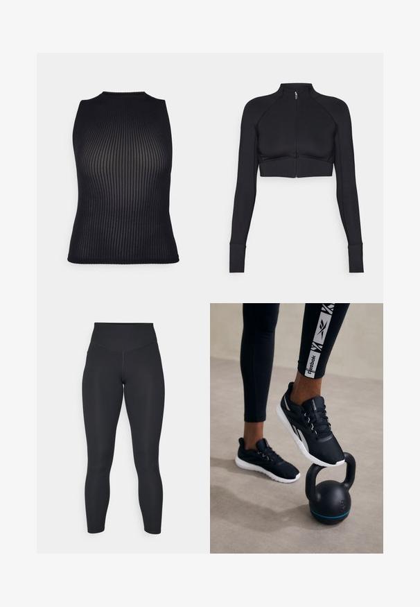 Fekete, rövidített dzseki rugalmas anyagból, magas gallérral, hosszú ujjakkal, teljes elöl zippel és lapos varrásokkal.; Fekete bordás kötött ujjatlan felső magas nyakkal és texturált részletekkel, amely testhez simuló formájával a test vonalát követi.; Fekete leggings magas derékkal, sima textúrával és testhezálló fazonnal. Lapos varrásokkal és teljes hosszúságú takarással rendelkezik, minták nélkül.; Fekete sportcipők, textúrával ellátott felsőrésszel, fehér talppal és szürke akcentusokkal, egy fekete kettlebellre helyezve, kék csíkkal, semleges háttér előtt.