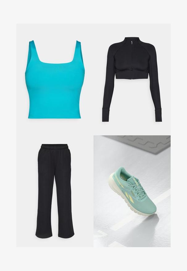 Černá zkrácená bunda vyrobená z elastického materiálu, s vysokým límcem, dlouhými rukávy, celoplošným zipem a plochými švy.; Tyhově modrý crop top s širokým čtvercovým výstřihem, hladkou texturou a bez viditelných vzorů či kovových doplňků. Krátké, široké ramínka.; Černé tepláky s rozšířeným střihem, elastickým pasem a bočními kapsami. Vyrobené z měkké tkaniny bez viditelných vzorů nebo akcentů.; Světlé tyrkysové sportovní boty s texturovaným svrškem, kontrastními žlutými akcenty a masivní bílou podrážkou. Obsahují šňůrky a logo značky.