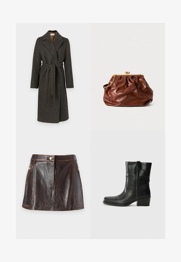 Tumma harmaa villa-takki, jossa on kietoutuva muotoilu, lovellinen kaulus, pitkät hihat ja kangasvyö. Ominaisuuksiin kuuluu hienovarainen herringbone-kankaan tekstuuri.; Vä beige virkatt tröja med halv dragkedja, ribbad struktur och långa ärmar. Har en kortad passform och ett mjukt, varmt tyg.; Burgundivärinen, pitkähihaisella satiinipaidalla on terävä kaulus ja napitus edessä, esitetty litteänä valkoista taustaa vasten.; Ruskea nahkainen mini-hame, jossa on tyylikäs muotoilu, kaksi vetoketjullista sivutaskua ja kontrastiväriset ompeleet reunoilla.; Musta nahkasaapas nilkkamittaisella varrella, pyöreällä kärjellä, lohkarekorolla, sivuvetoketjulla ja ompeluaksentilla varren yläosassa. Suora pinta, klassinen muotoilu.; Ruskea nahkalaukku, jossa on kultainen puristuskahva ja lyhyt kultaketju, esittelee pehmeän, kerättyä pintaa valkoista taustaa vasten.