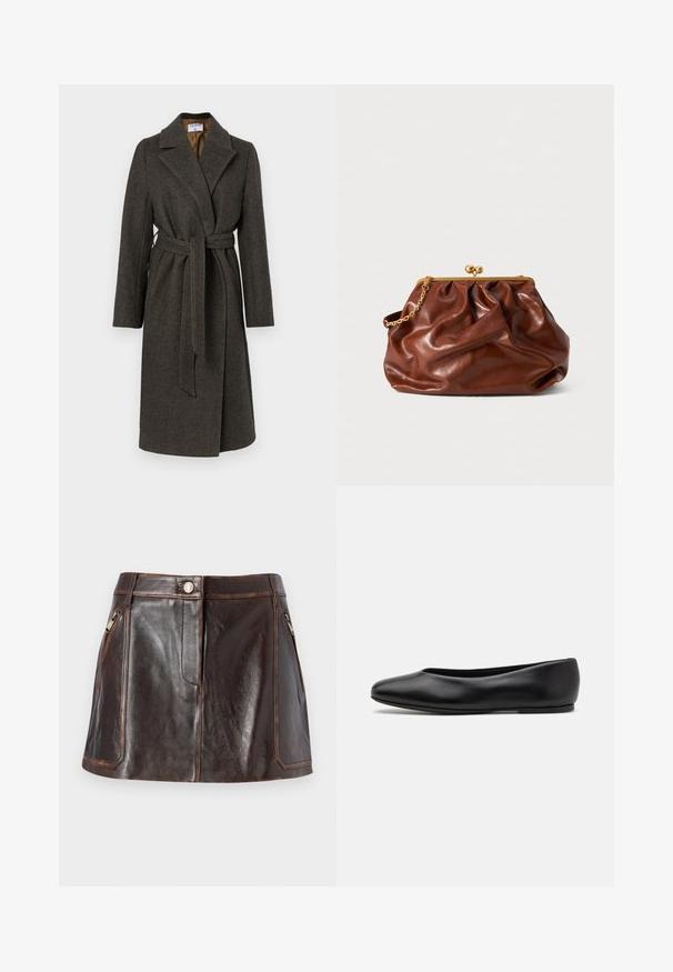 Abrigo de lana gris oscuro con diseño envuelto, cuello de muesca, mangas largas y cinturón de tela. Presenta una textura de espiga sutil.; Jersey de punto beige con cuello de media cremallera, textura acanalada y mangas largas. Presenta un ajuste corto y un tejido suave y cálido.; Camisa de satén burdeos de manga larga con cuello puntiagudo y botón en la parte delantera, mostrada plana sobre un fondo blanco.; Falda mini de cuero marrón con un diseño elegante, dos bolsillos laterales con cremallera y costuras en contraste a lo largo de los bordes.; Paul Smith TOPANGA - Bailarinas - black; Bolso de mano de cuero marrón con cierre de marco dorado y una corta cadena dorada, que presenta una suave textura arrugada sobre un fondo blanco.