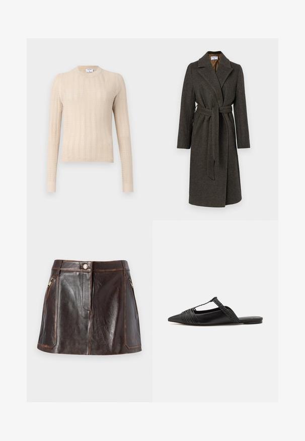 Manteau en laine gris foncé avec un design enroulé, col cranté, manches longues et une ceinture en tissu. Présente une texture chevron subtile.; Pull en maille beige avec des manches longues, un col rond et un motif à côtes texturé sur toute la surface. Tissu doux et léger.; Chemise en satin bourgogne à manches longues avec col pointu et boutonnage sur le devant, présentée à plat sur fond blanc.; Jupe mini en cuir marron avec un design épuré, deux poches latérales zippées et des coutures contrastantes sur les bords.; Chaussure en cuir noir à talon ouvert avec un bout pointu, présentant un accent tressé et un design supérieur plissé. Semelle plate avec un matériel minimal.