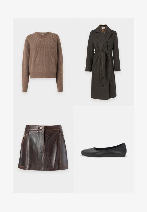 Donkergrijze wollen jas met een wikkelontwerp, een notch-kraag, lange mouwen en een stoffen riem. Bevat een subtiele visgraattextuur.; Bruine gebreide trui met V-hals, lange mouwen en ribbeltextuur. Heeft een subtiel geometrisch patroon langs de manchetten en de onderrand.; Bruine leren mini-rok met een slank ontwerp, twee ritszakken aan de zijkanten en contrasterende steken langs de randen.; Zwarte leren ballerina met een ronde neus, gladde textuur, minimale stikdetails en een flexibele zoolontwerp.