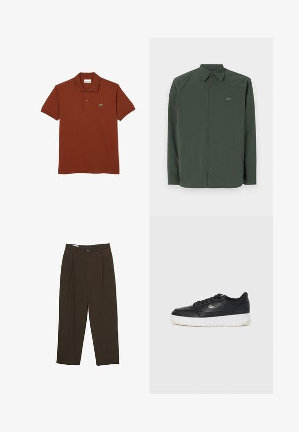 Tmavozelená košeľa s dlhým rukávom vyrobená z hladkej tkaniny, s golierom na gombíky a diskrétnym logom na ľavej hrudi.; Lacoste Polokošeľa - marron shi; Tmavohnedé nohavice na mieru s prednými skladmi, pútkami na opasok a zapínaním na gombík v oblasti pásu.; Čierne kožené tenisky s bielou podrážkou, s okrúhlou špičkou, šnurovací dizajn a jemné logo na boku. Štruktúrovaný vrch.