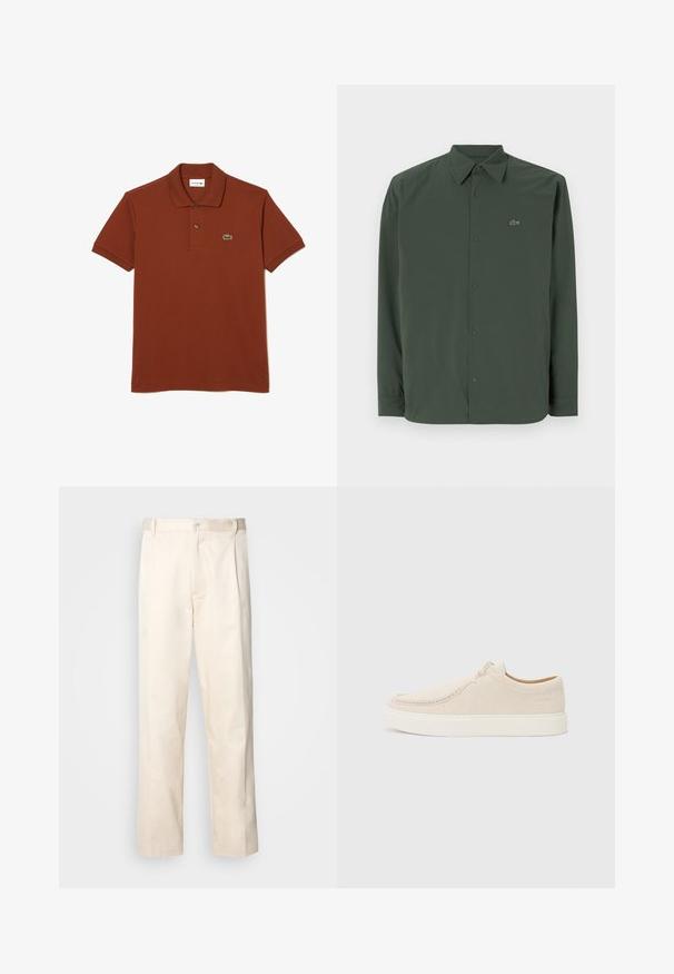 Tmavozelená košeľa s dlhým rukávom vyrobená z hladkej tkaniny, s golierom na gombíky a diskrétnym logom na ľavej hrudi.; Lacoste Polokošeľa - marron shi; Béžové bavlnené nohavice so strihom rovného nohu, s gombíkovým zapínaním a záhybmi vpredu pre pridanie detailu.; Svetlo béžové semišové tenisky s okrúhlou špičkou, minimálnym prešívaním a bielou gumovou podrážkou. Obsahujú jednoduché šnurovanie a detail značky.